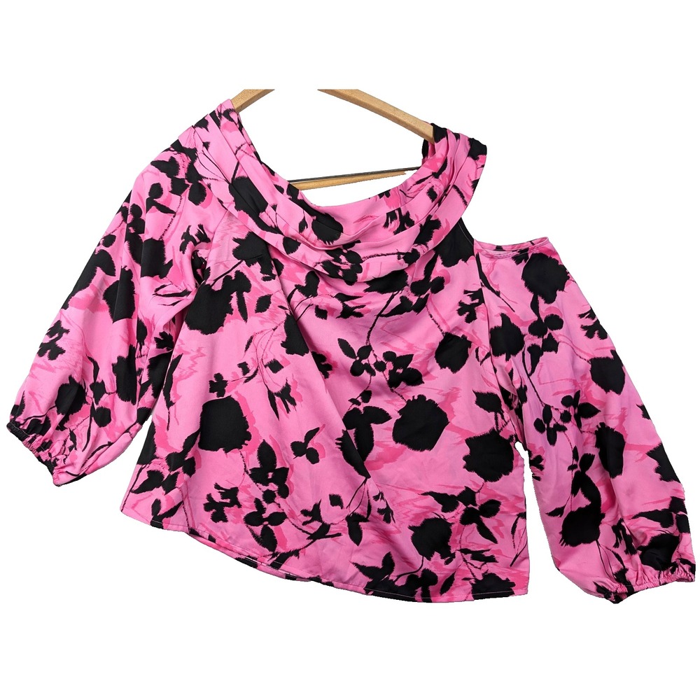 INC International Concepts Pink Cold Shoulder Cowl Neck L Floral Asymmetric